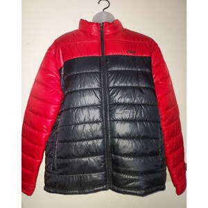 Fila Men's Puffer Jacket XXL Vintage 90s Full Zip Hidden Hood Pockets Black Red